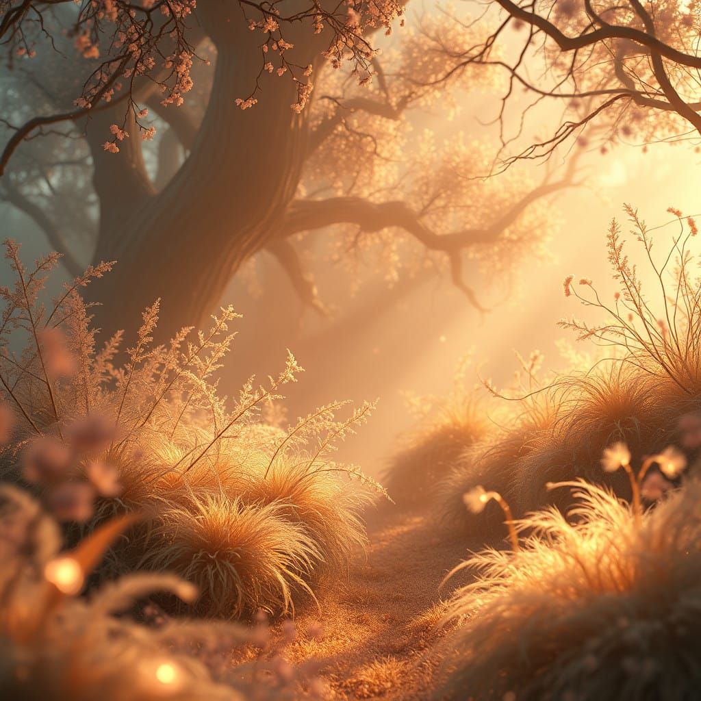 Serene Fantasy Realm in Cyberpunk Style