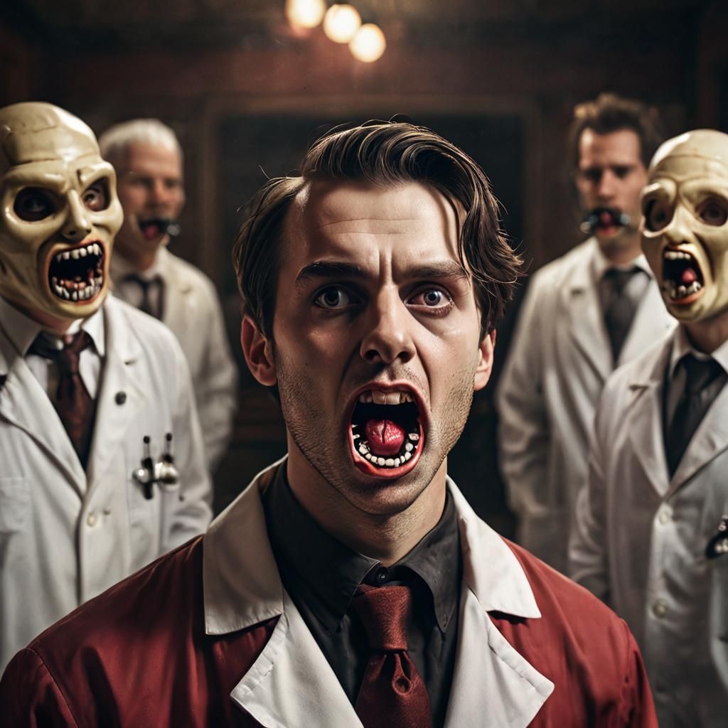 "Deranged Dentist; foaming at the mouth dressed in crimson l...