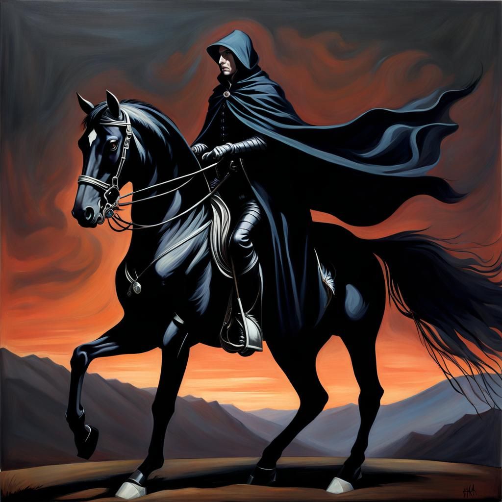 Eerie Twilight: Dark Rider in Oil Paint