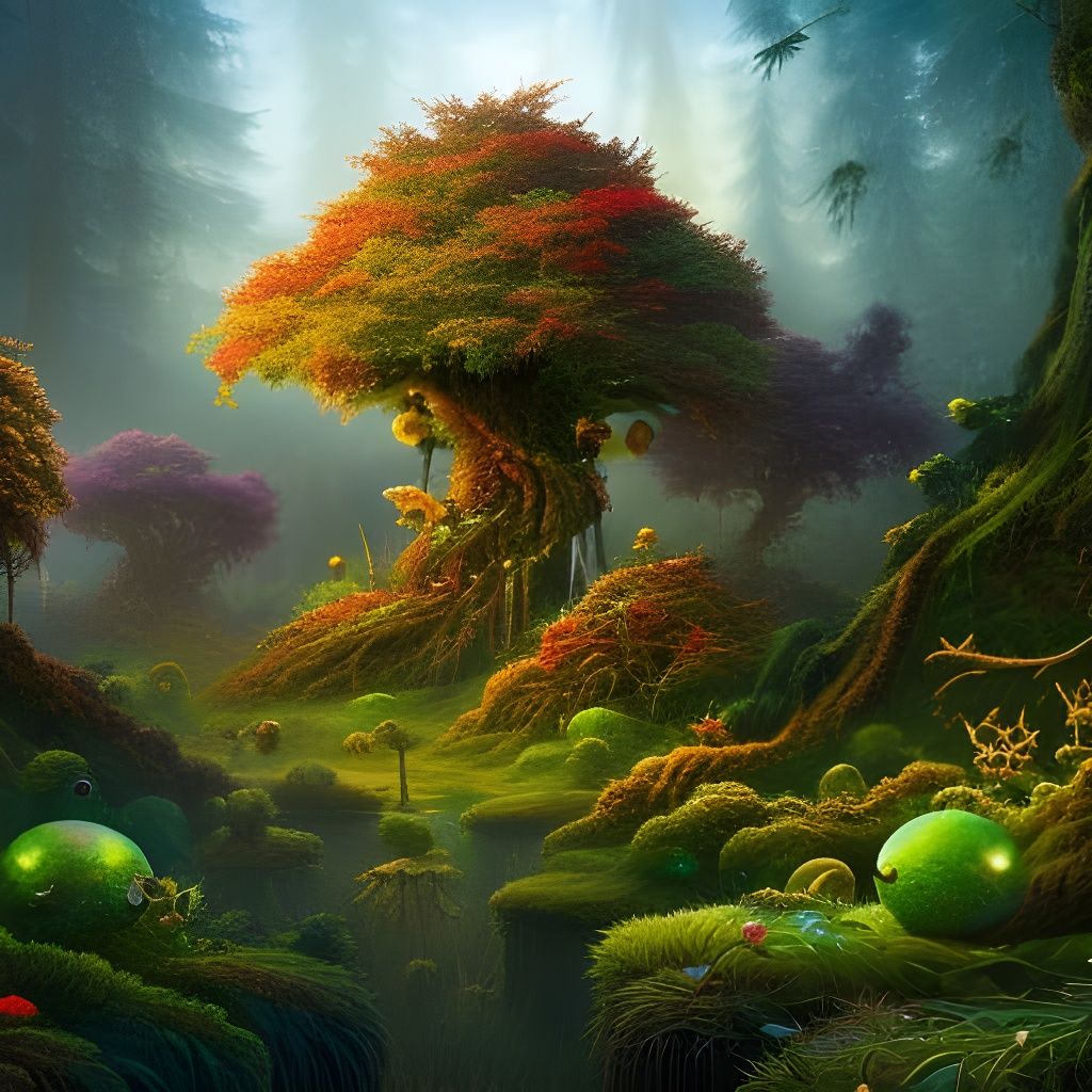 Mushroom Forest with Tree Spirits in Hyper-Realism Style
