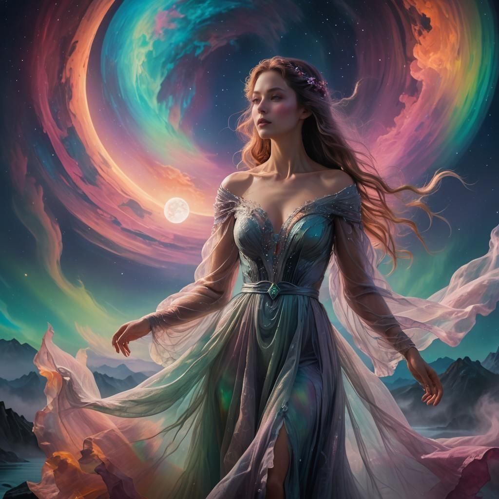 Ethereal Mist Woman Under Alien Aurora