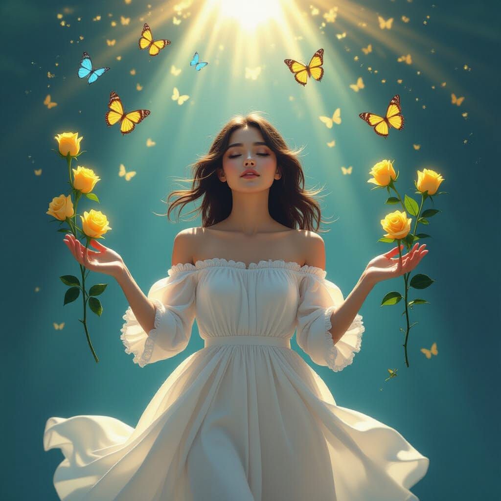 Ethereal Teenager with Roses and Butterflies