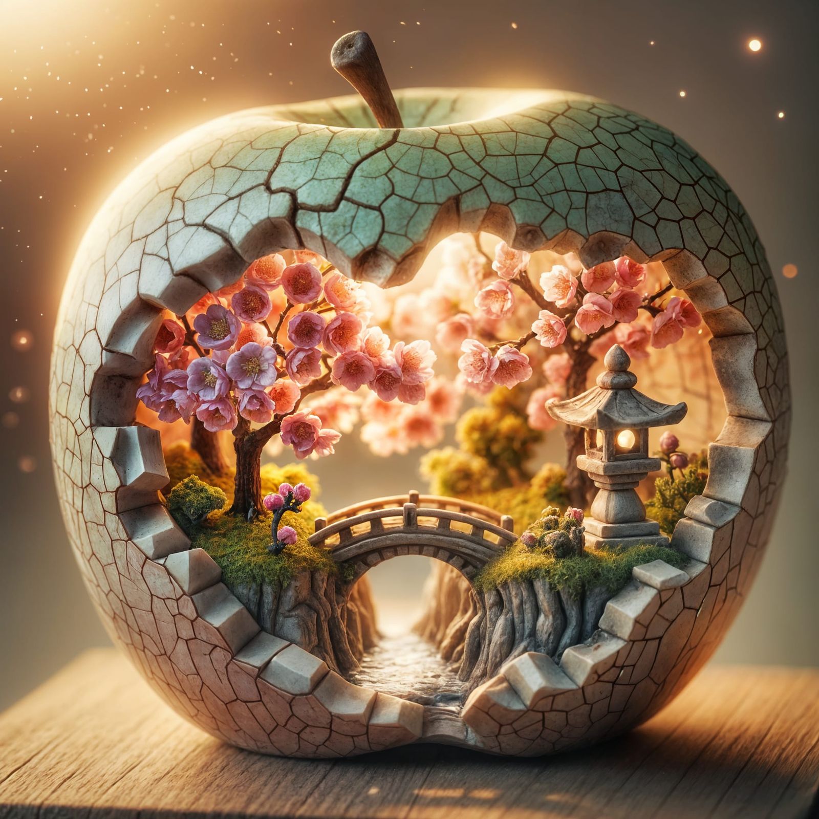 Close-Up of Chipped Ceramic Apple with Sakura Garden