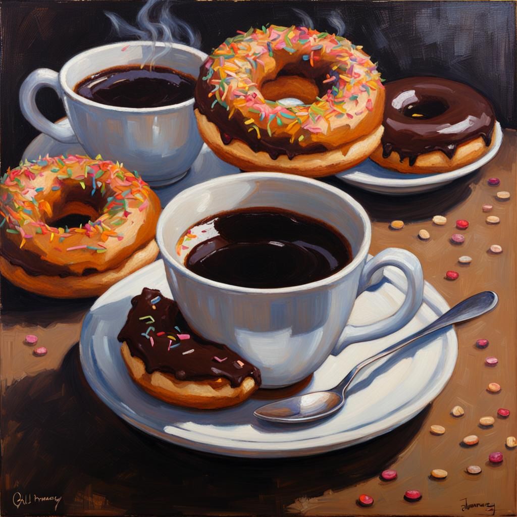 Coffee and Donut Still Life as Oil Painting