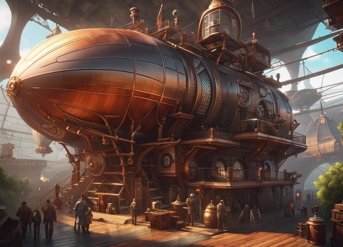 Vibrant Steampunk Airship Station in Detailed Illustration