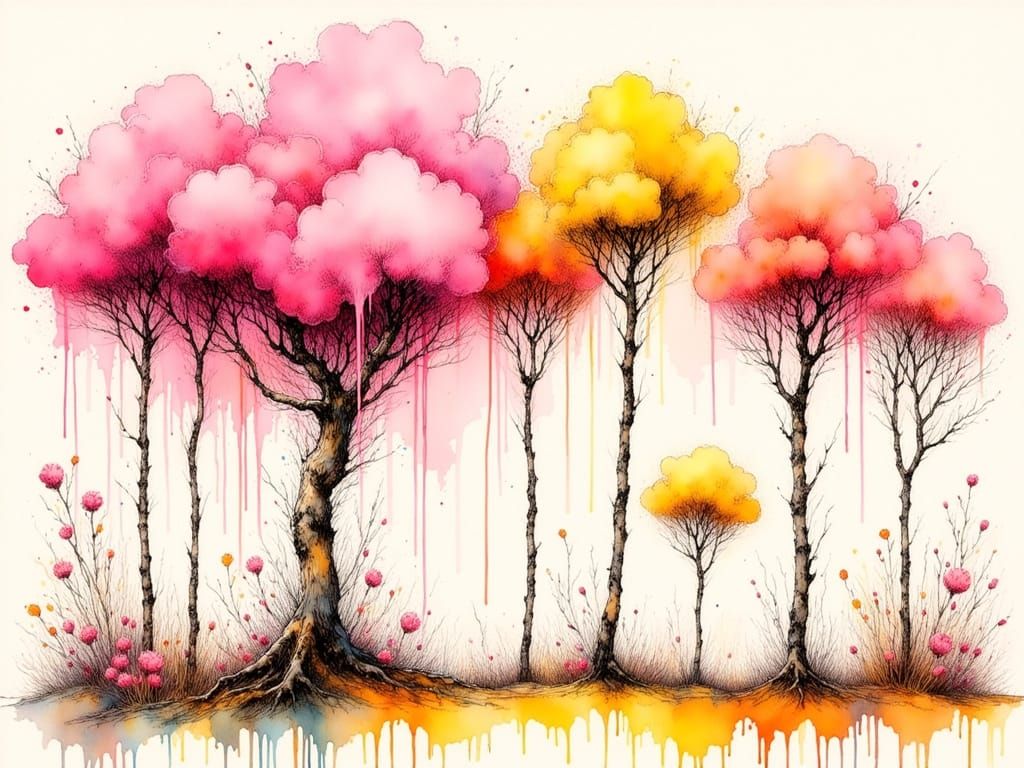 Pink and Yellow Trees with Ink Crosshatching
