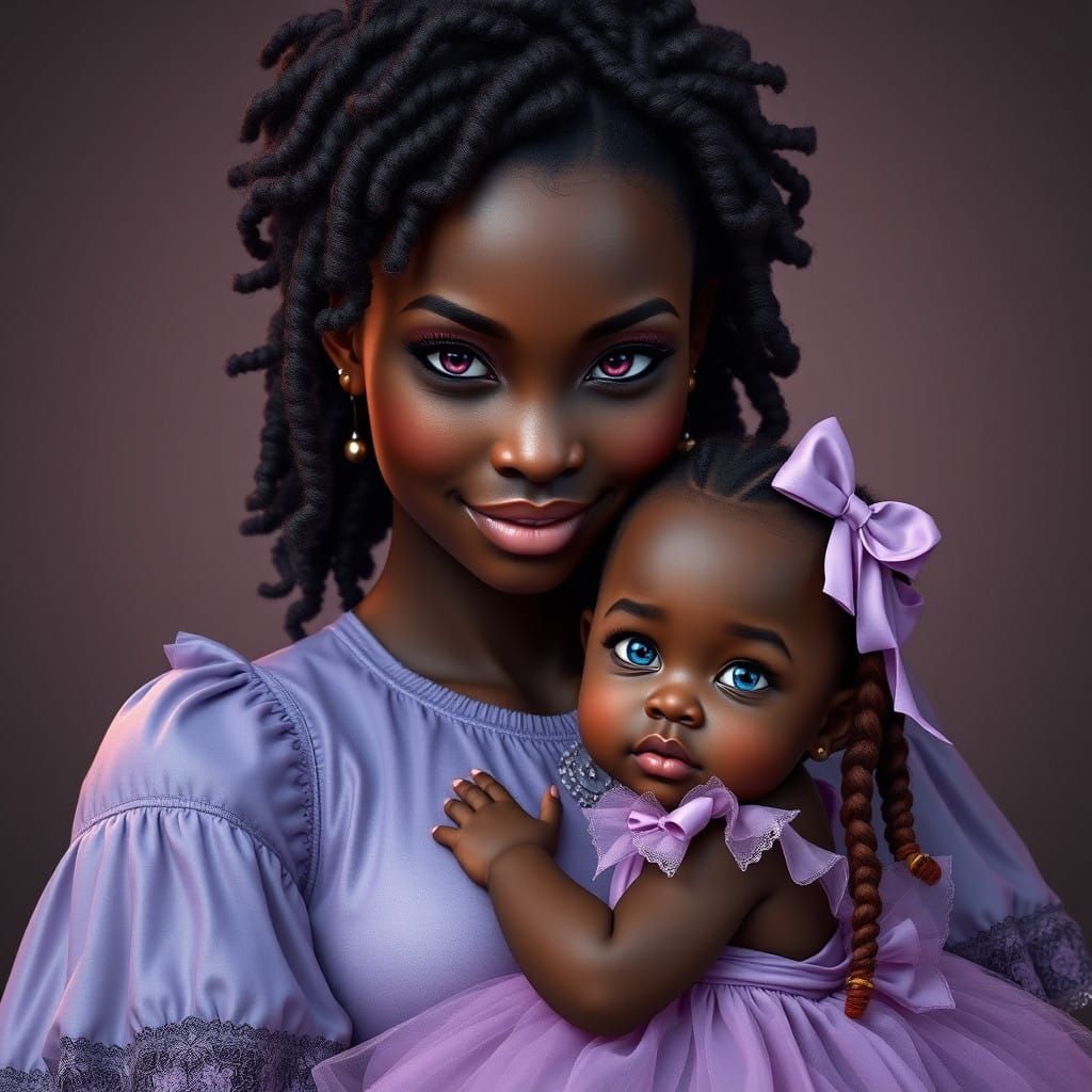 Mocha Mother Adores Her Violet-Eyed Child in Lilac Harmony