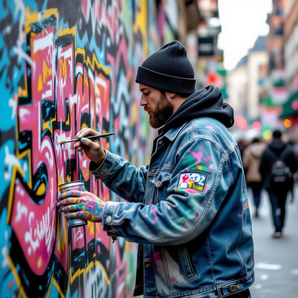 Graffiti Artist Finishes Mural in Urban Street