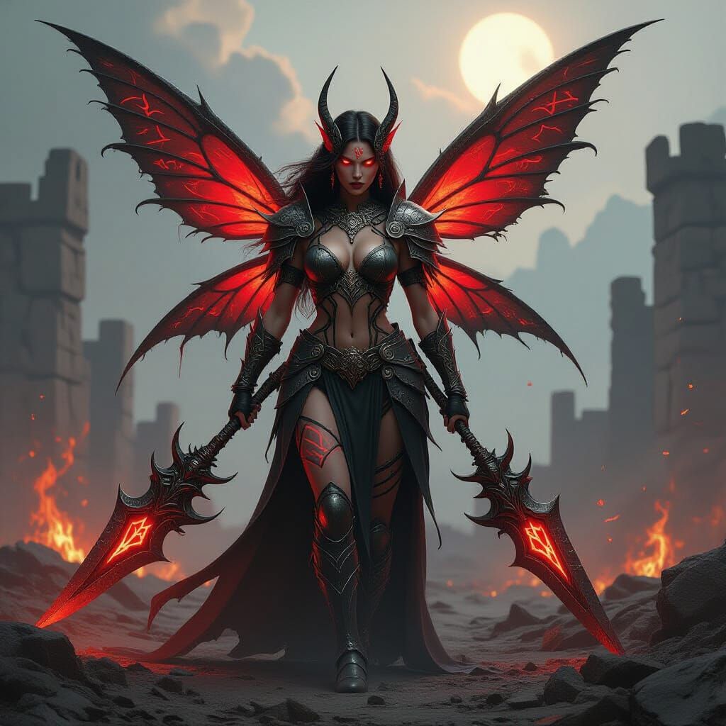 Fierce Fairy Warrior with Crimson Runes