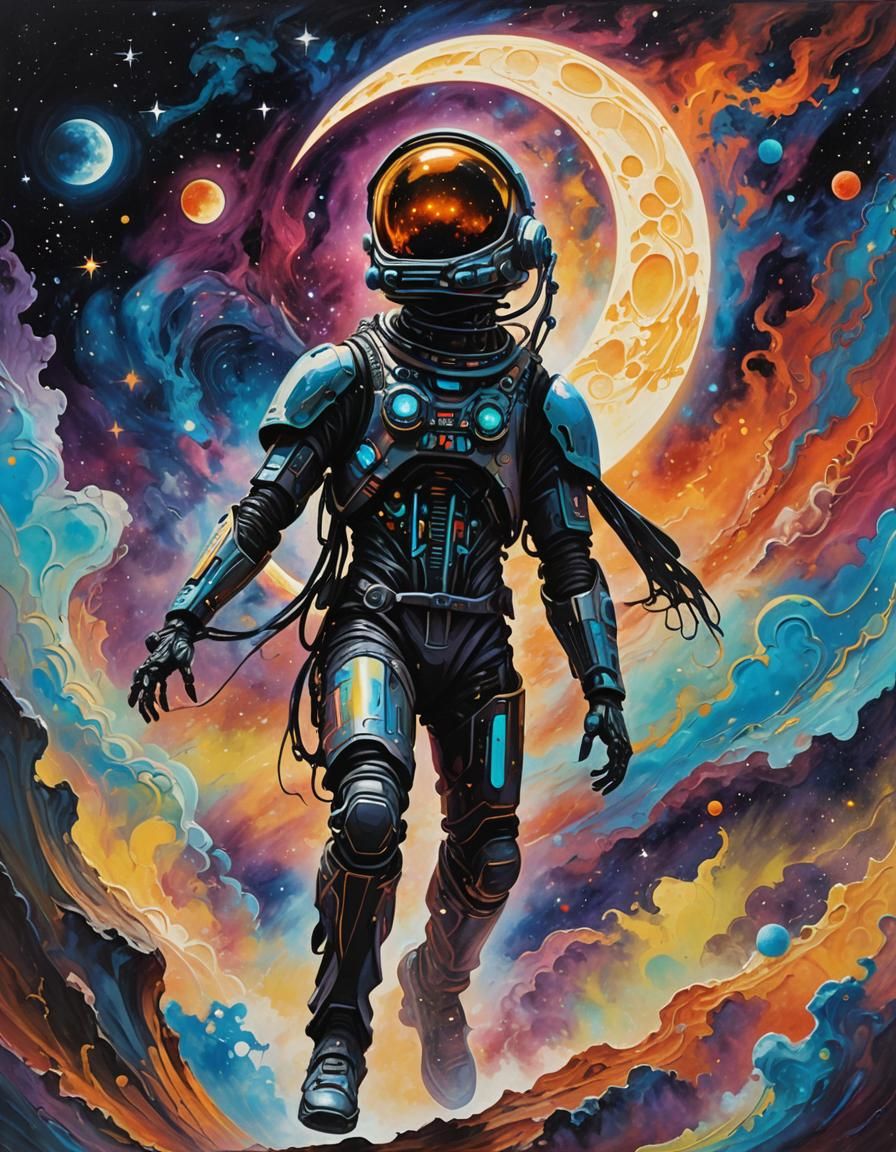 Futuristic Cyborg on Nebulous Moon in Acrylic Painting