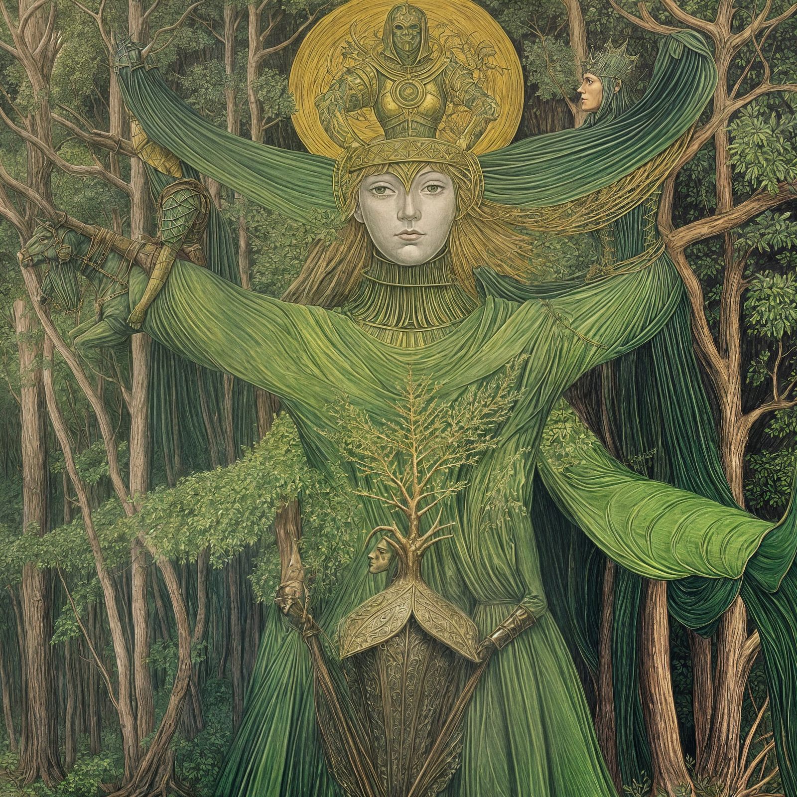 Green Knight Forest Scene in Blake Style