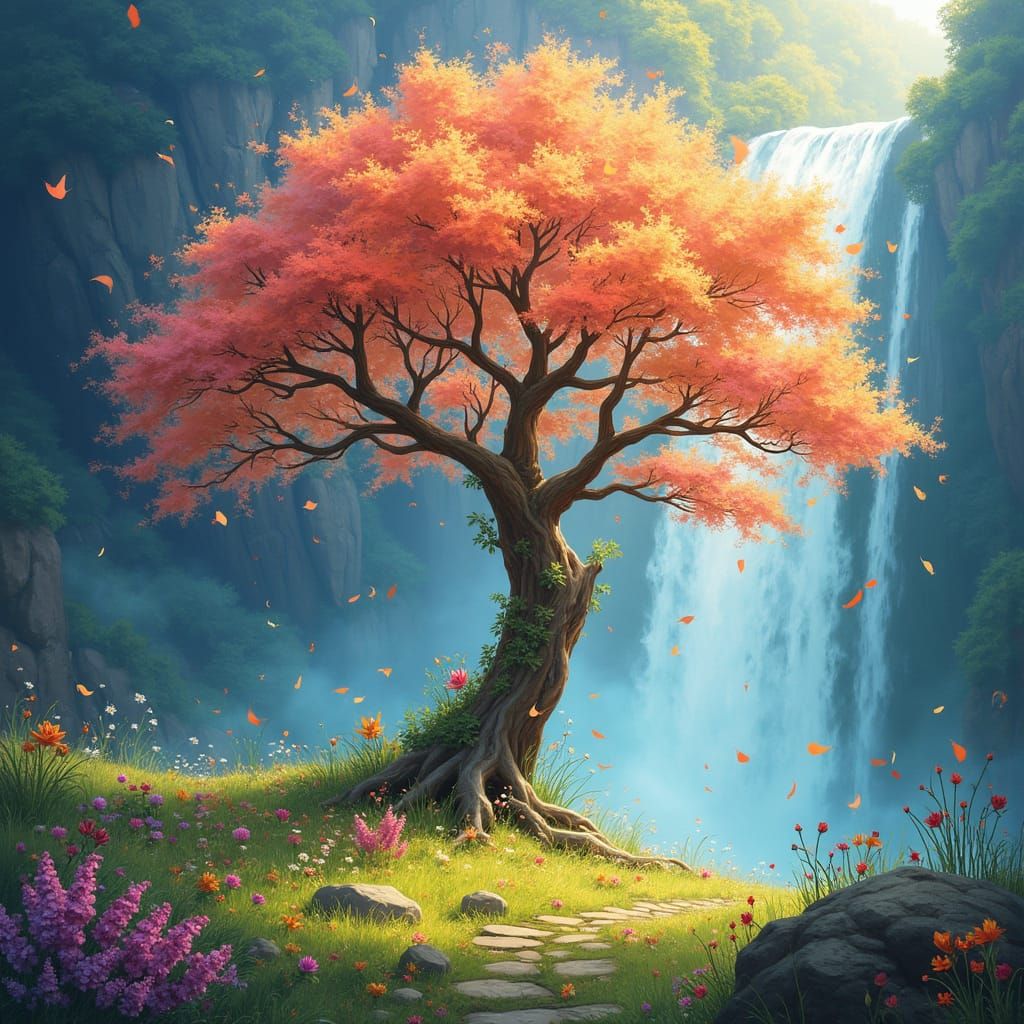 Whimsical Tree of Wonder in Vibrant Meadow