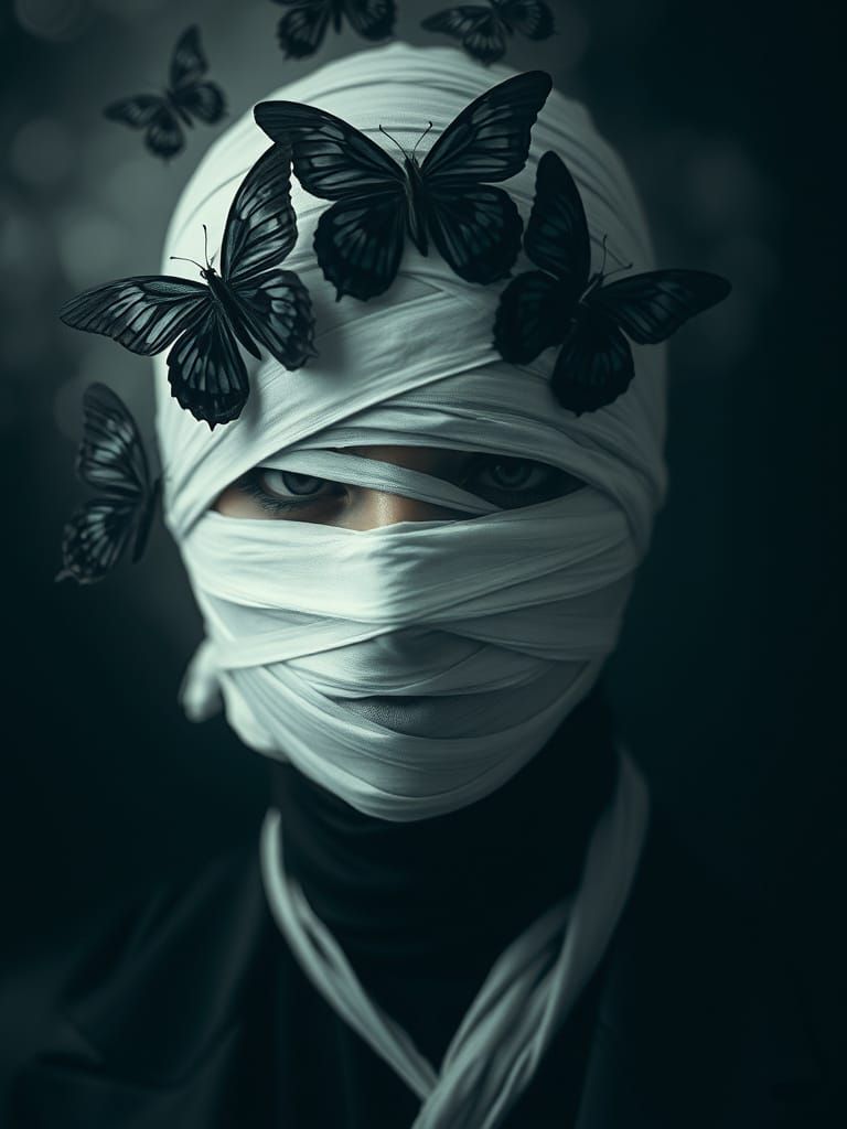 Mysterious Figure in White Bandages with Dark Butterflies