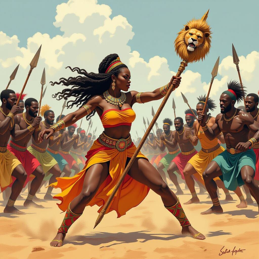 Olioma Fights Warriors with Lion Staff in Vibrant Action Sce...