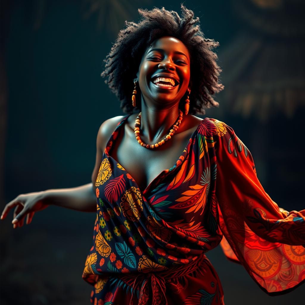 Joyful Black Woman Dancing in Vibrant African Outfit