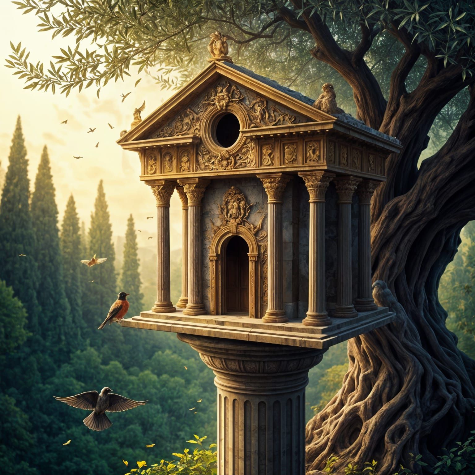 Greek Temple Birdhouse in Dreamlike Watercolor Style