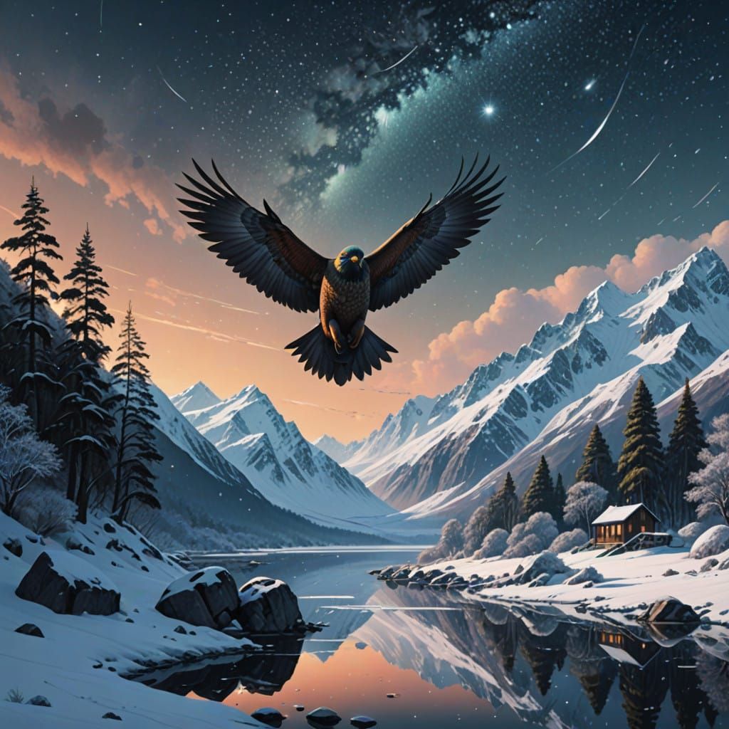 Majestic New Zealand Kea Silhouette Against Celestial Winter...