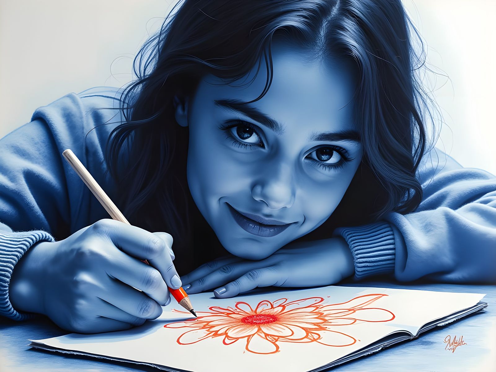 Young Girl Drawing with Intense Focus
