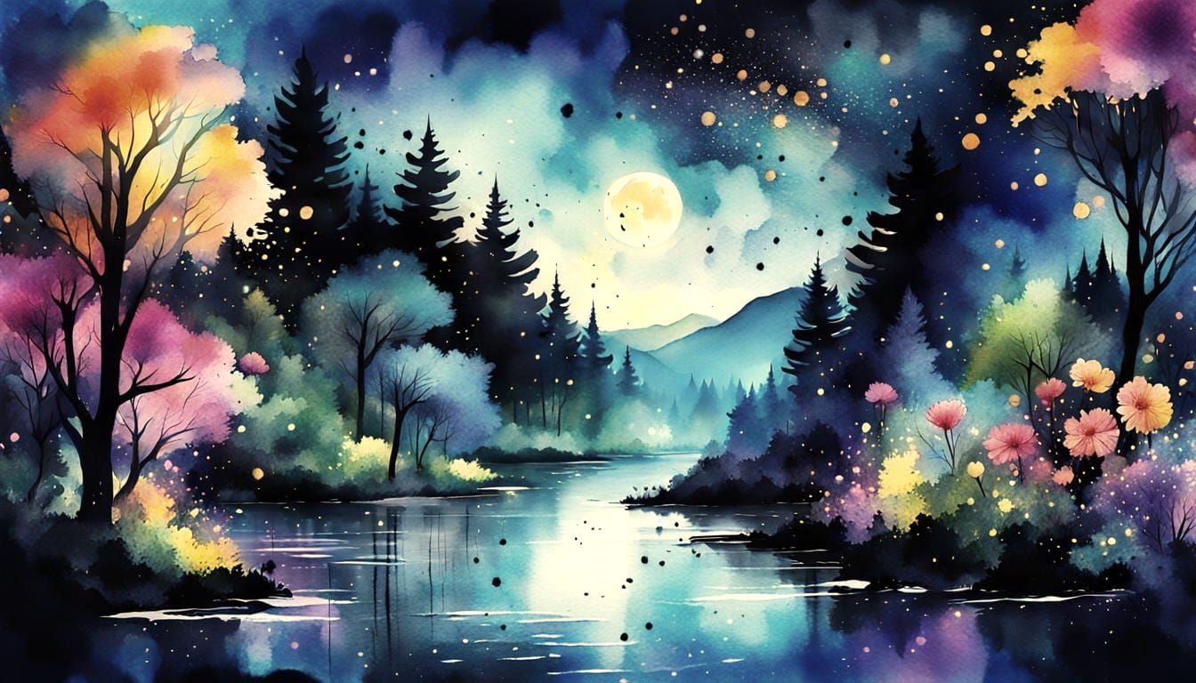 Lush Moonlit Forest Landscape in Watercolor Style