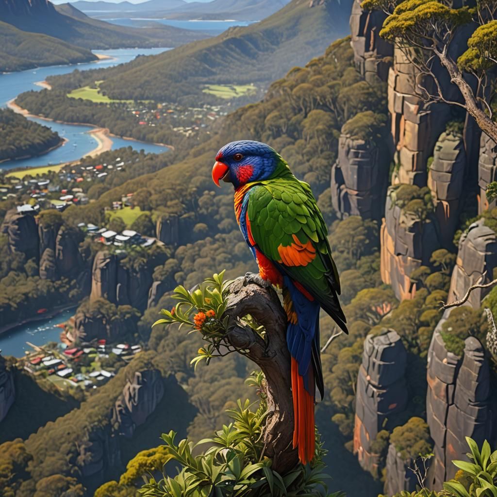 Lorikeet Portrait with Three Sisters Landscape
