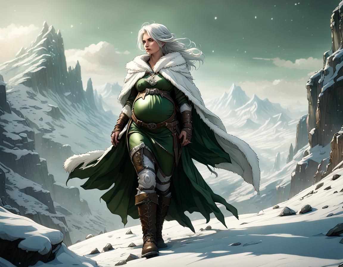 Pregnant Ranger on Snowy Mountain: Fantasy Art