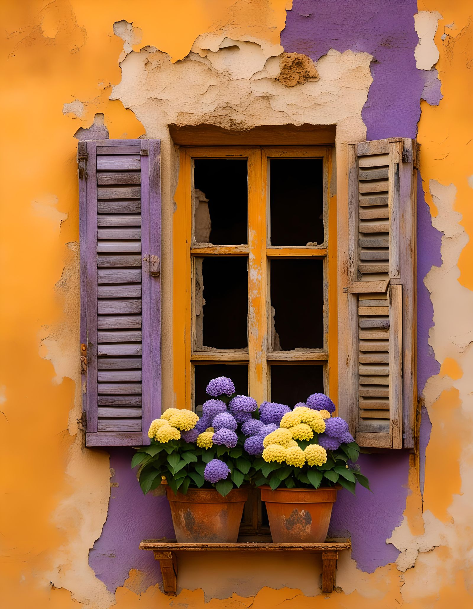 Decaying Window with Hydrangeas, Mediterranean Style