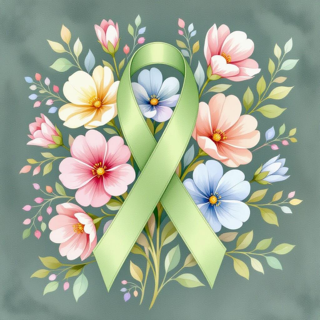Green Ribbon with Flowers in Watercolor Style