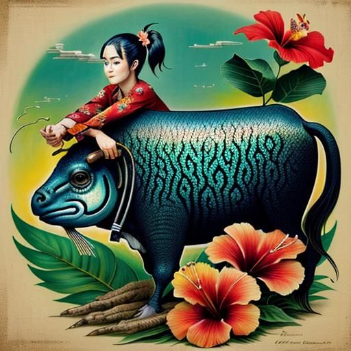 Farmer Rides Cow in Vintage Cartoon Caricature