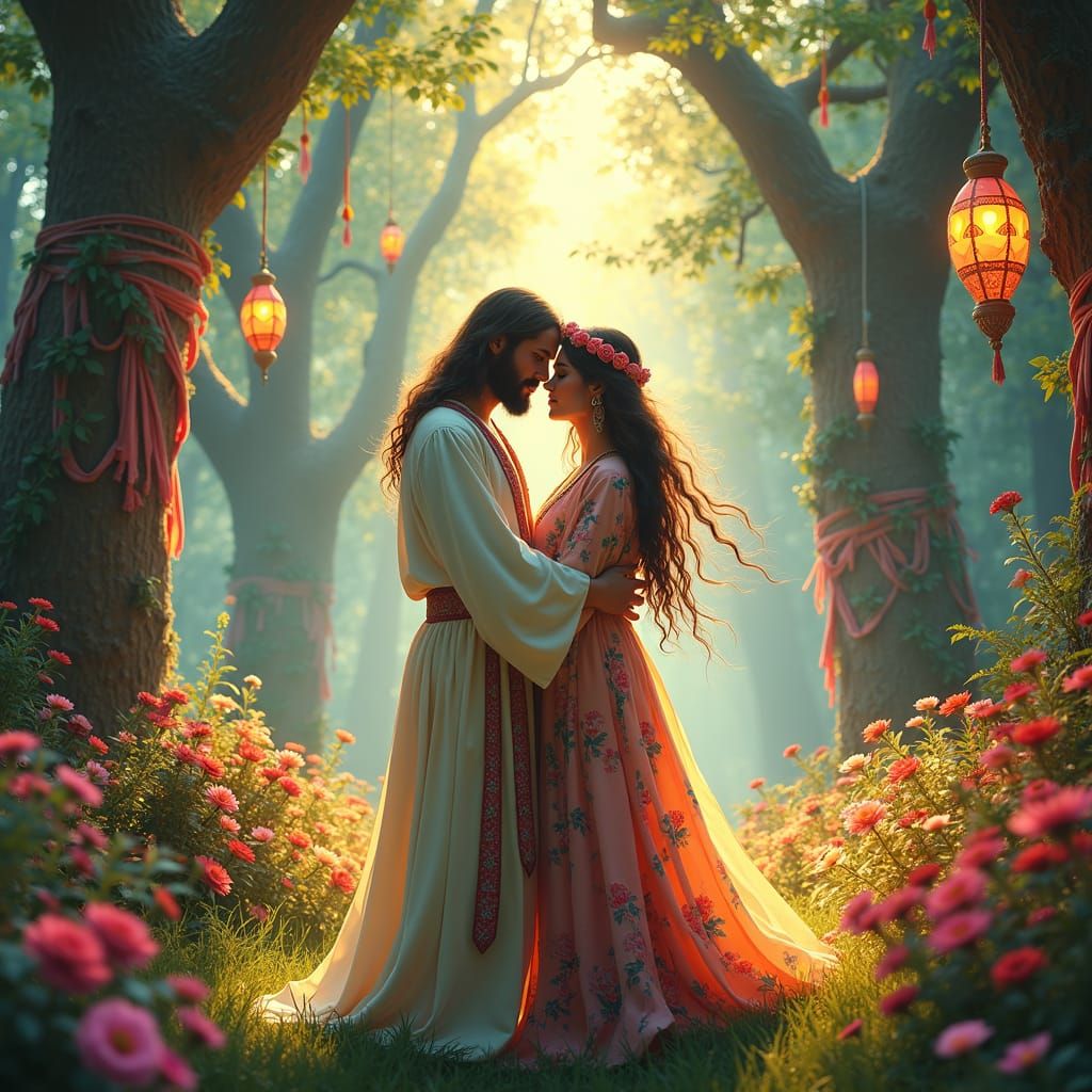 Hippie Jesus and Maria Magdalena in Psychedelic Woodland