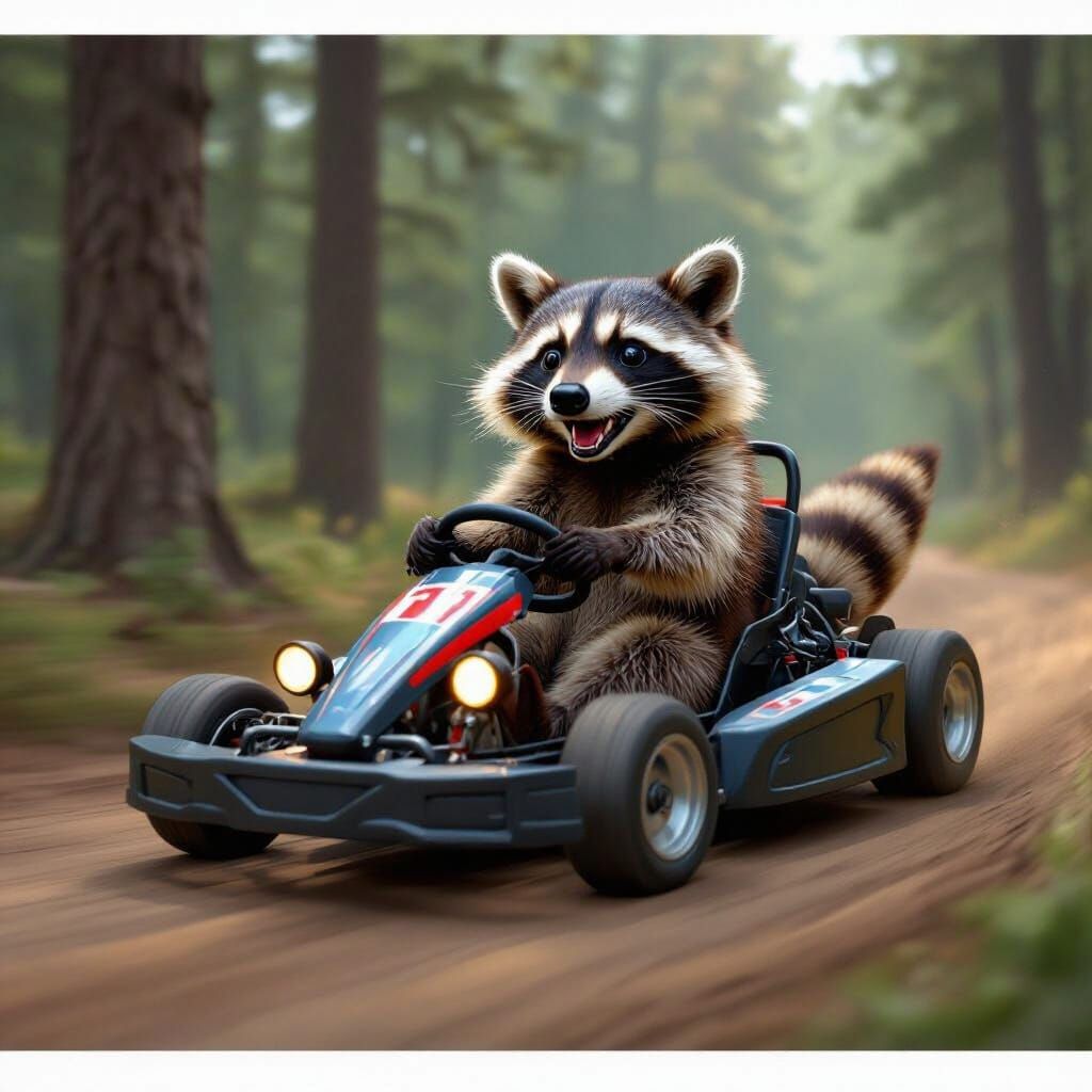 Comical Raccoon Drives Go Kart Through Forest