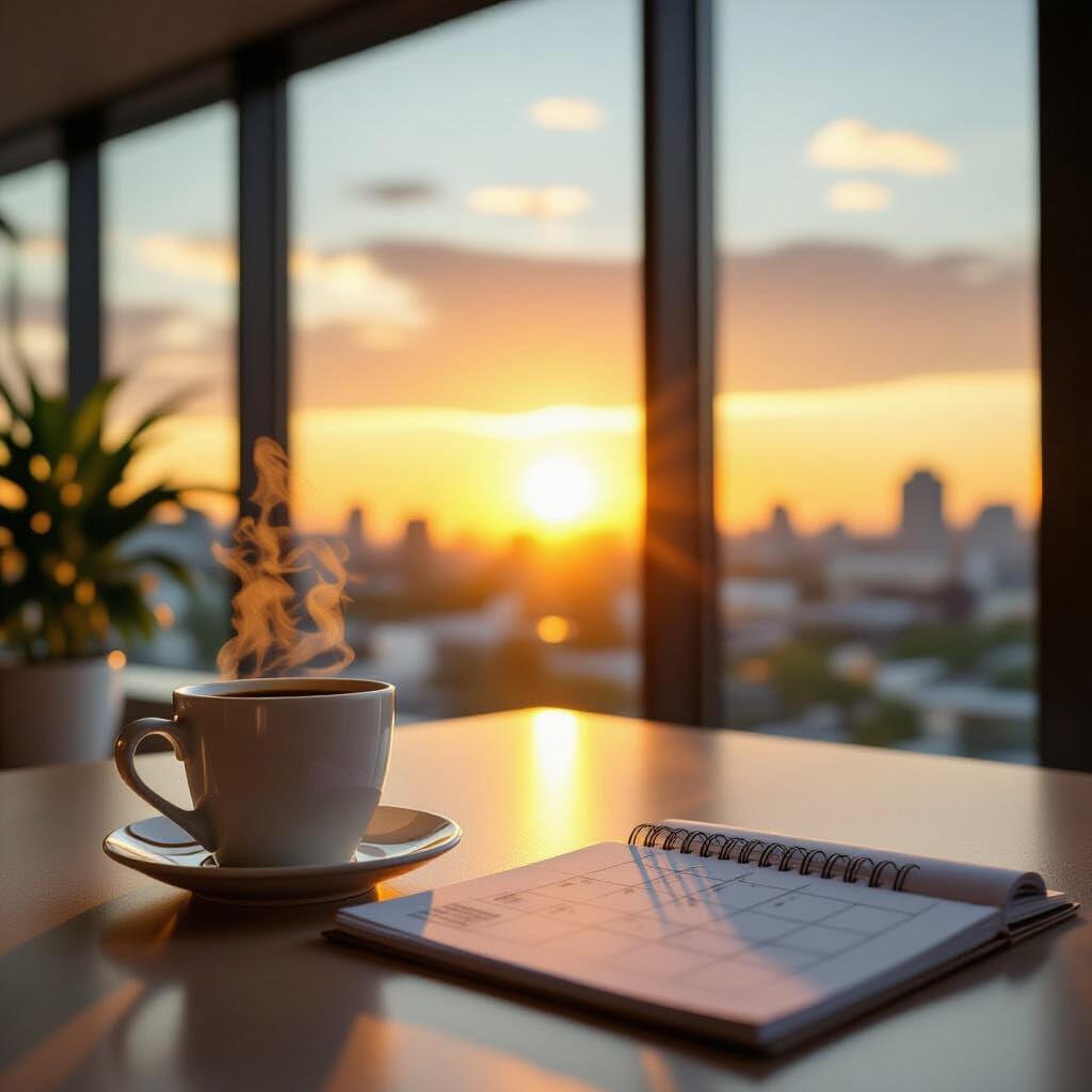 Golden Sunrise Over Modern Office Workspace