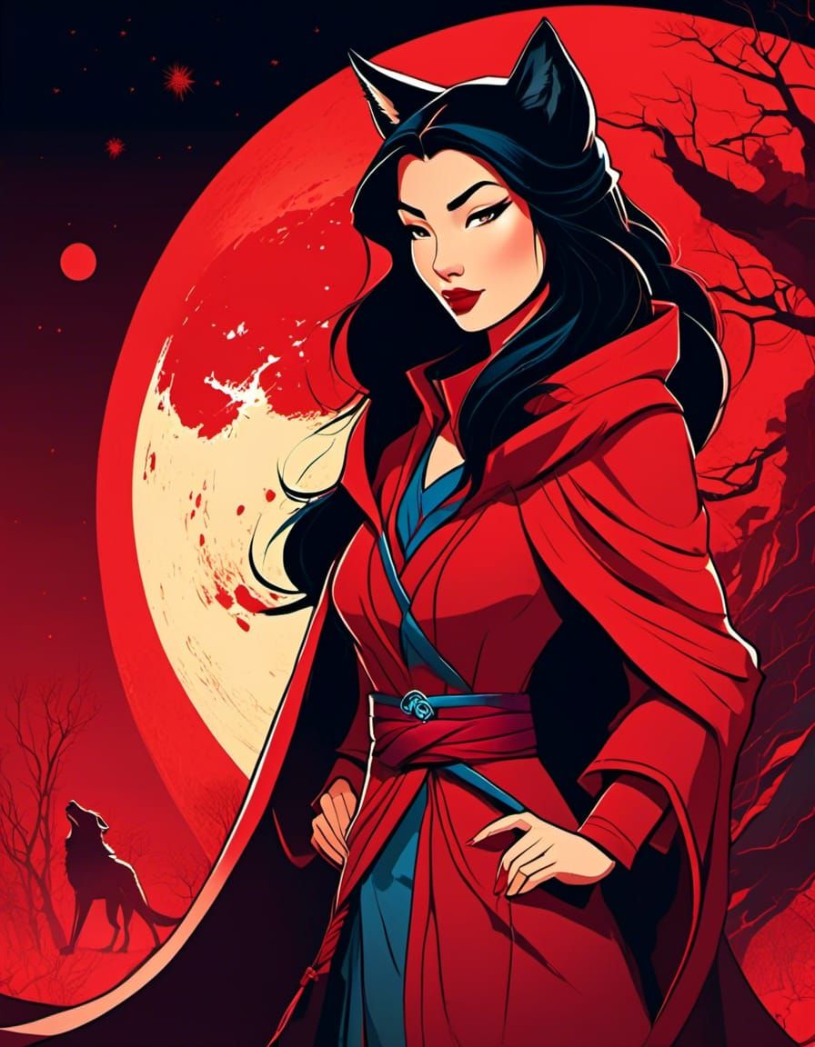 Woman and Wolf Under Moon, Vector Art