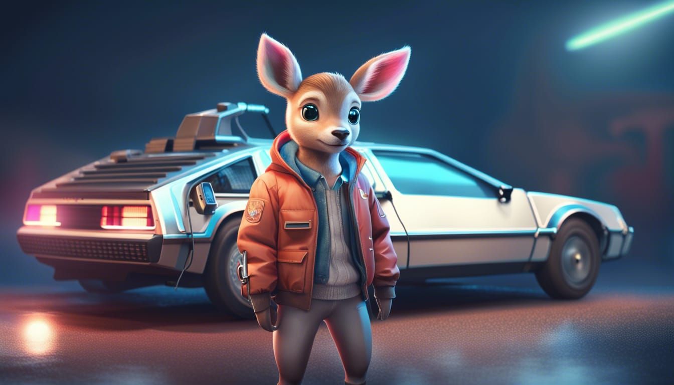 Adorable Deer in a DeLorean: Cinematic Digital Art