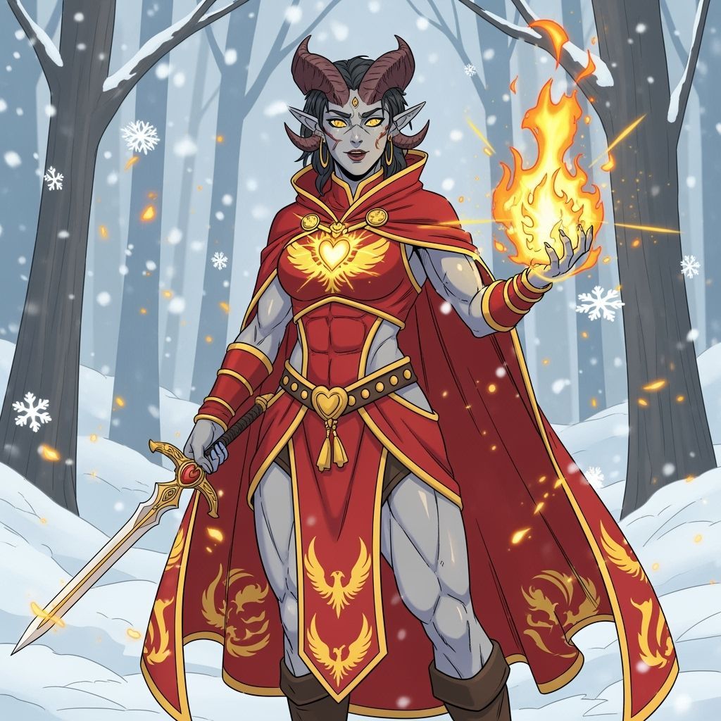 Tiefling Sorceress Conjuring Phoenix Flame in Snowy Forest