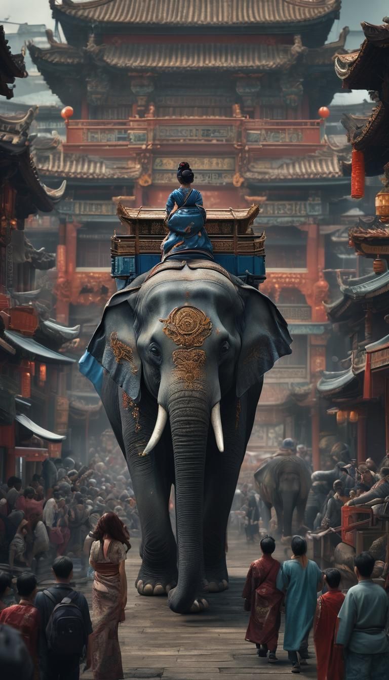 Geisha on Elephant Through Chinatown: Matte Painting