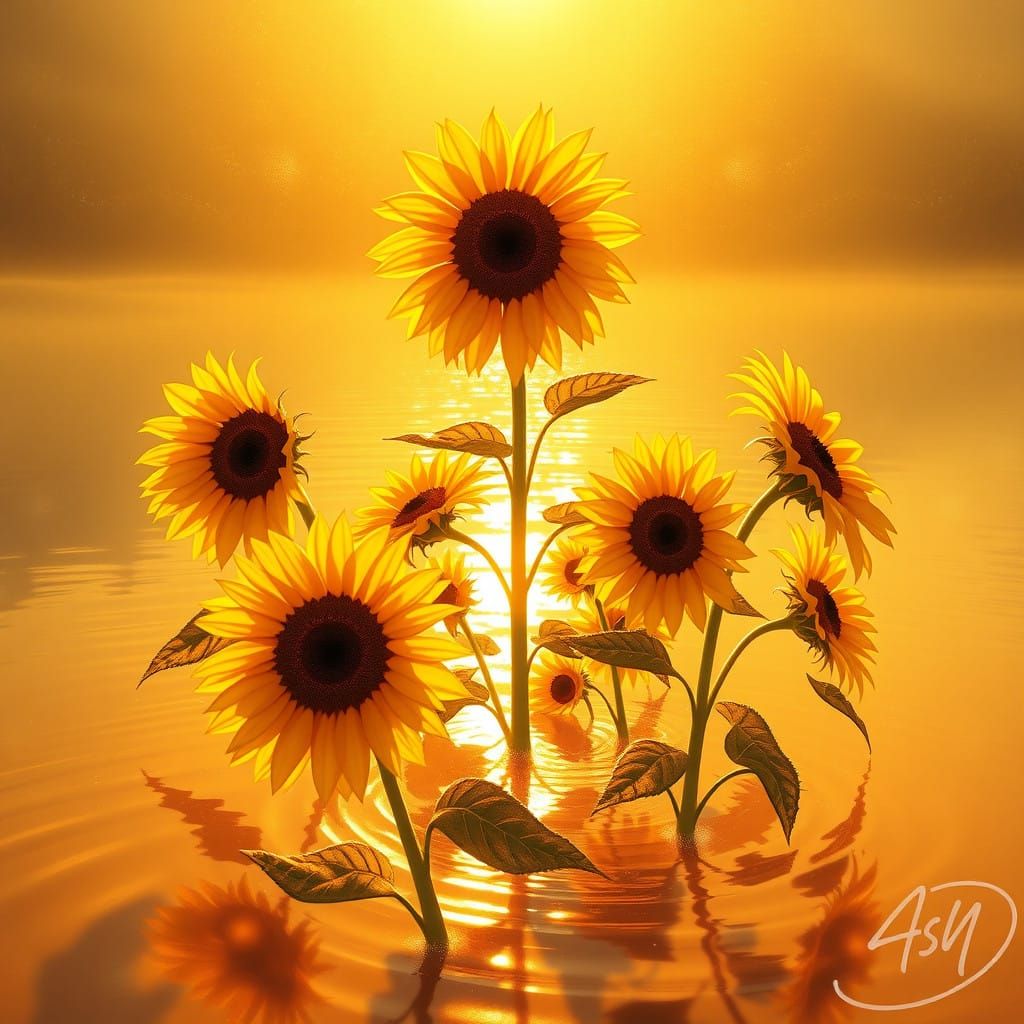 Golden Sunflowers in Ethereal Sunset Lake
