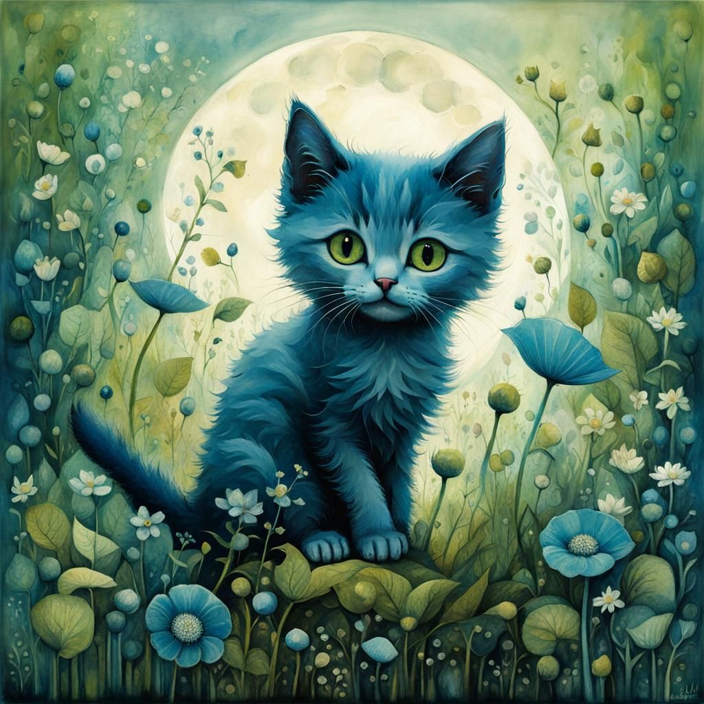 Kitten in Magical Garden Double Exposure Floral Art