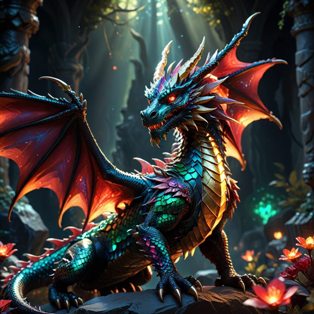 Whimsical Jeweled Dragon in Opal and Ruby