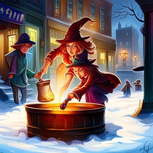Witches Mixing Potions with Magic in Graffiti Art