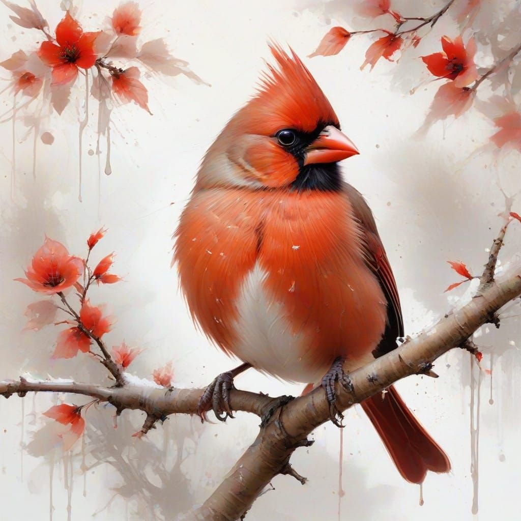 Whimsical Watercolor Cardinal Perched on Tree Branch