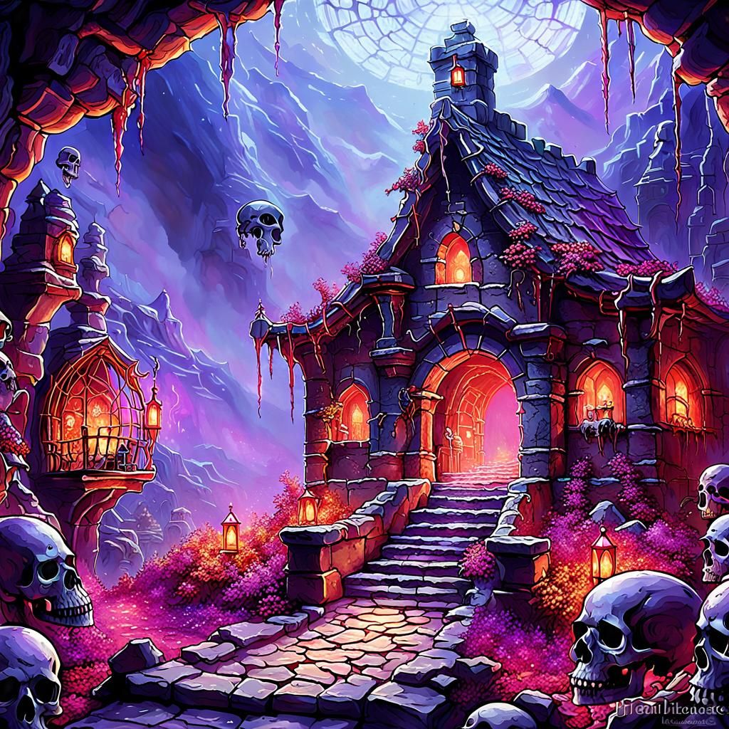 Spooky Dungeon Shrouded in Purple and Crimson Mist