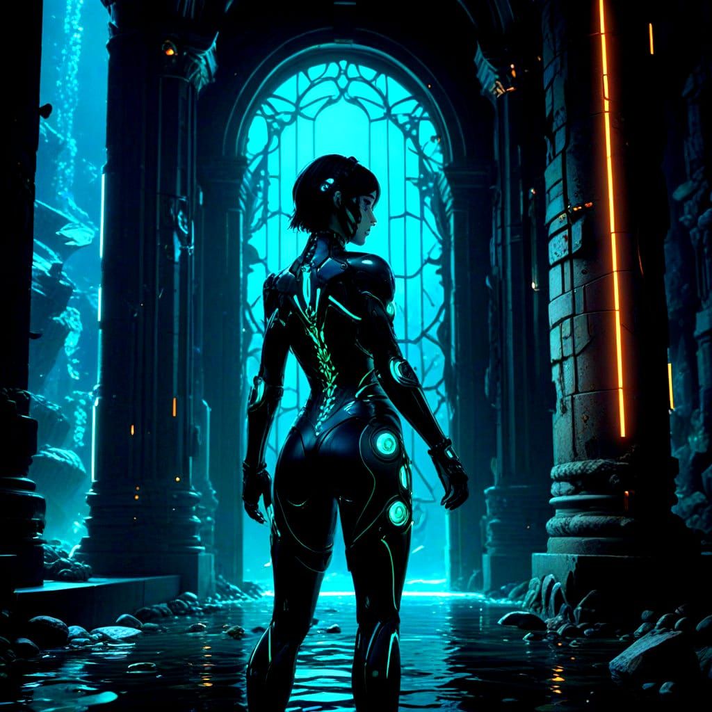 Cyborg Woman in Neon-Lit Oceanic Castle