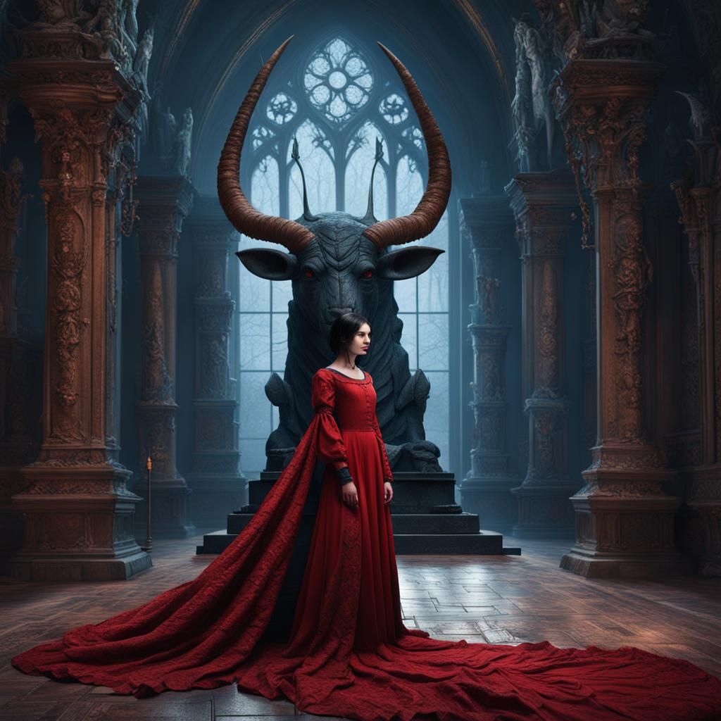 Gothic Woman with Horns in Medieval Setting