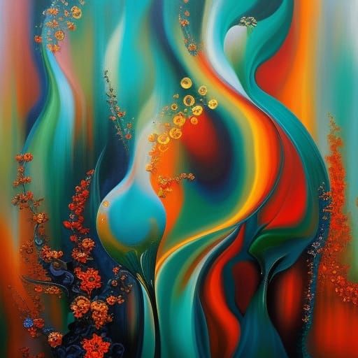 Ornate Figural Abstract Oil Painting in Teal and Orange