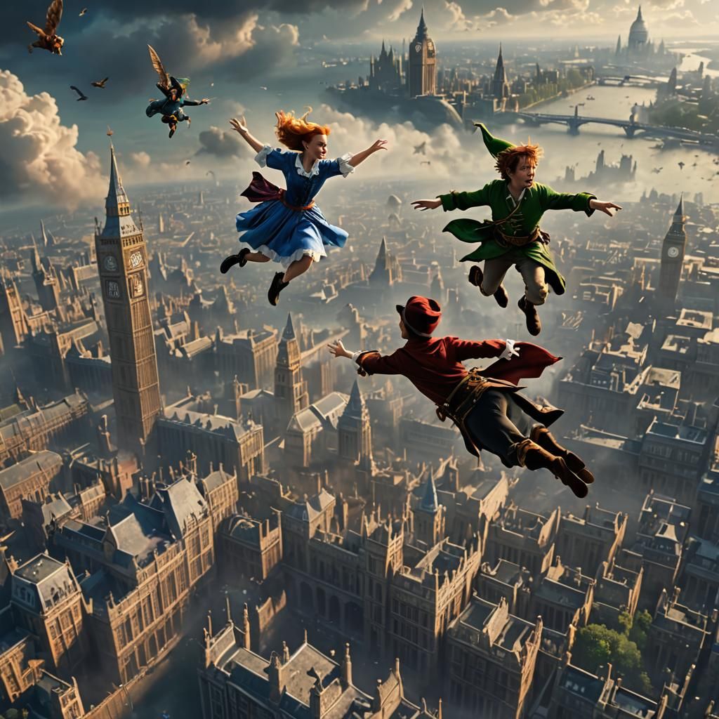 Alice and Peter Pan Fly Over London