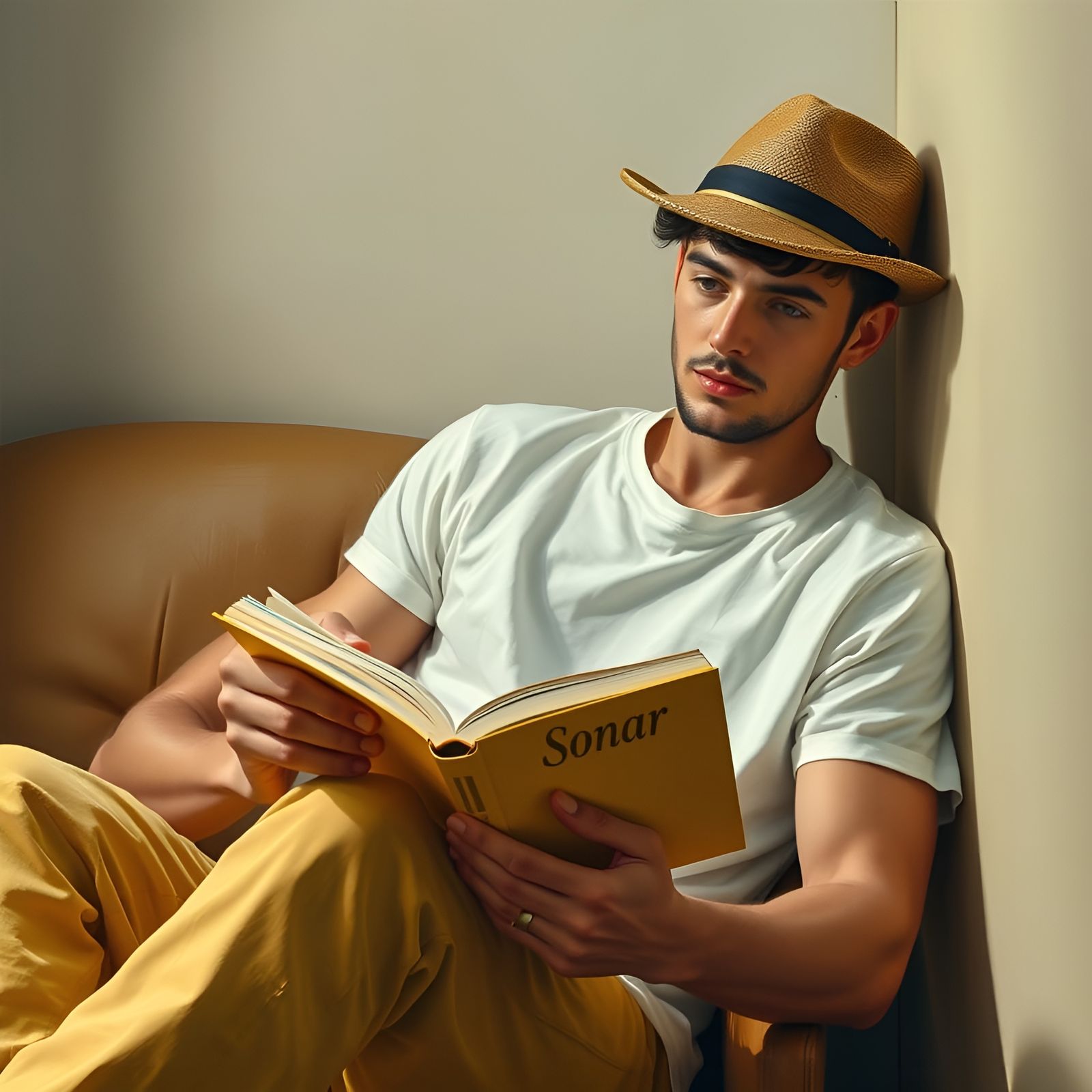 Young Man Reading a Vibrant Yellow Book in a Relaxed Pose