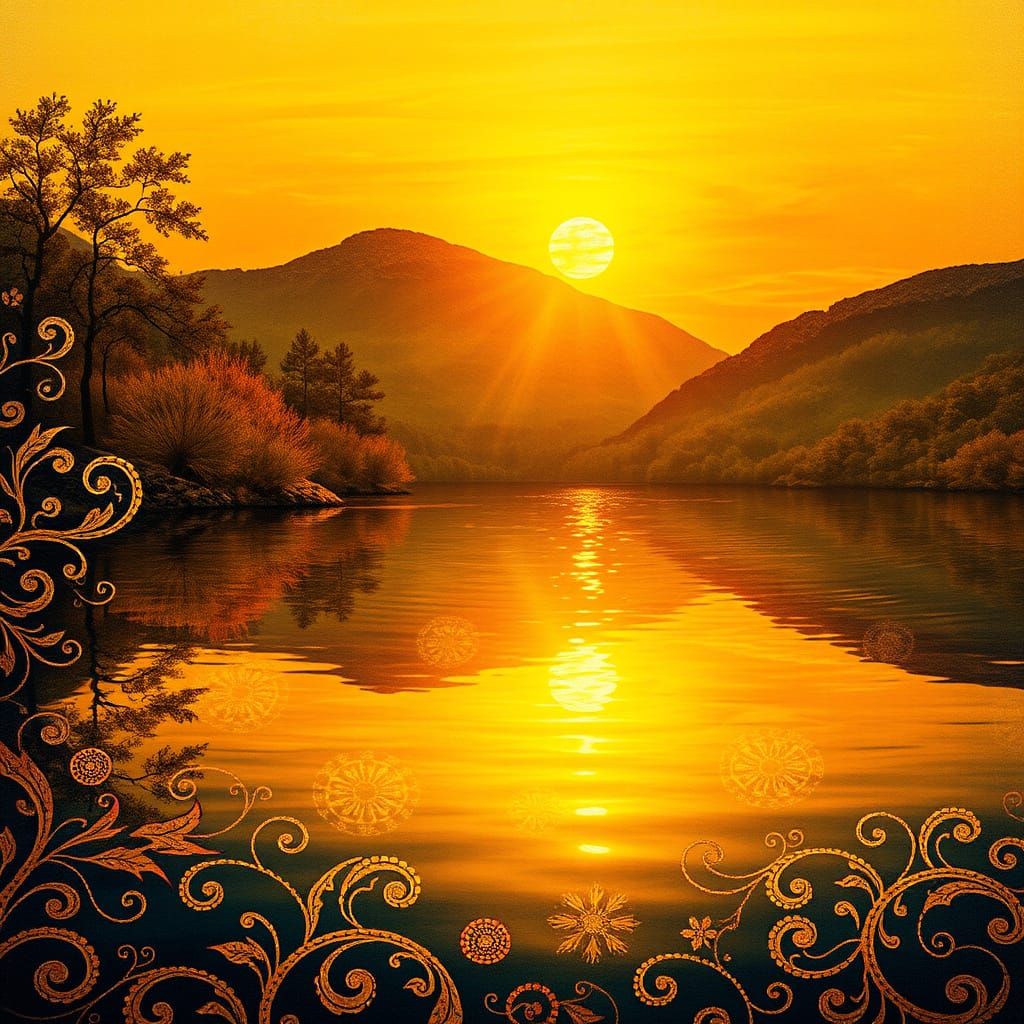 Golden Sunrise Over Lake in Klimt Style