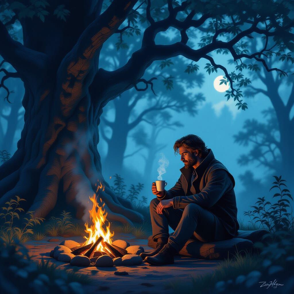 Man by Campfire in Luminous Forest