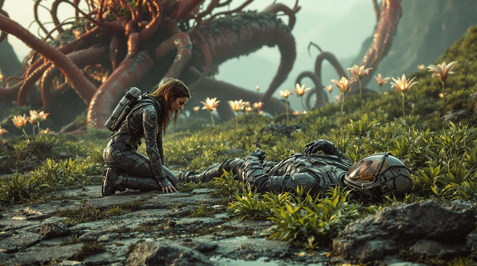 Desolate Alien Landscape in a Gritty, Cinematic Style