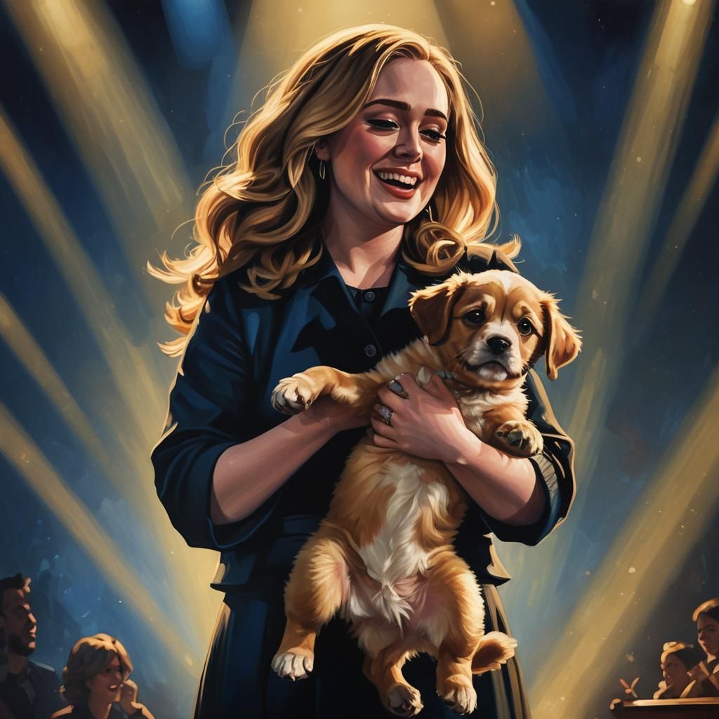 Adele on Stage Holding Puppy: Stylized Realism
